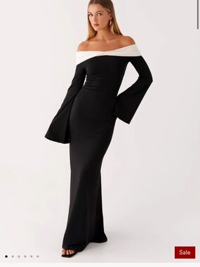 Peppermayo Black Maxi Dress with White Folded One-Shoulder Neckline
